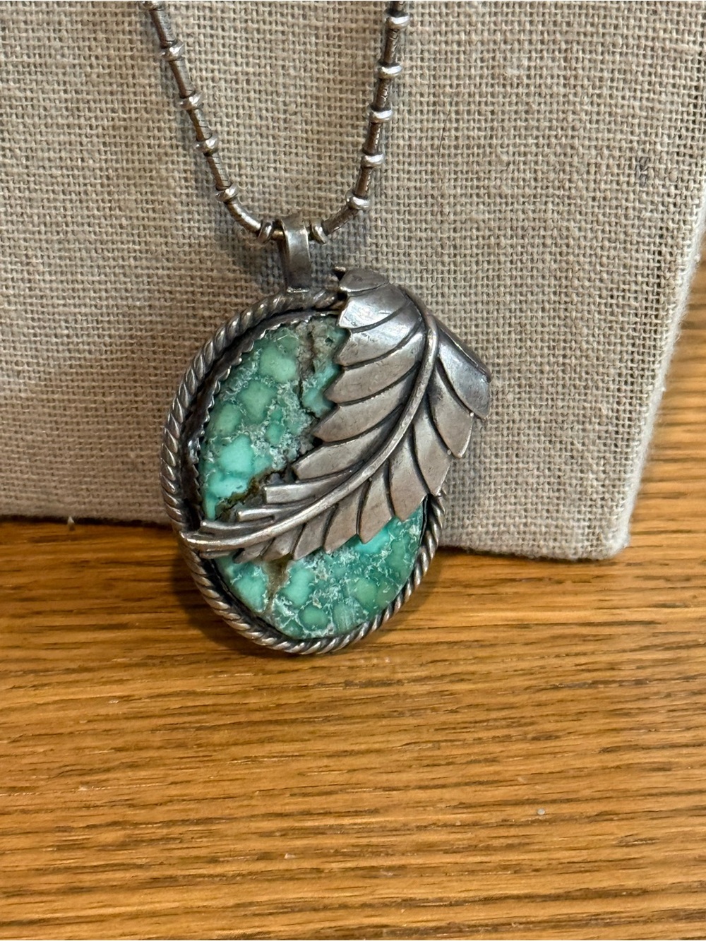 Sterling Silver Chain Necklace with Green Turquoise Native American Pendant